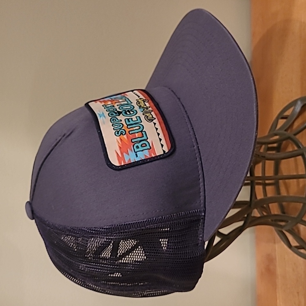 TROLL CO. CLOTHING Support Blue Collar Adjustable Snapback Meshback Trucker Cap - Picture 2 of 16